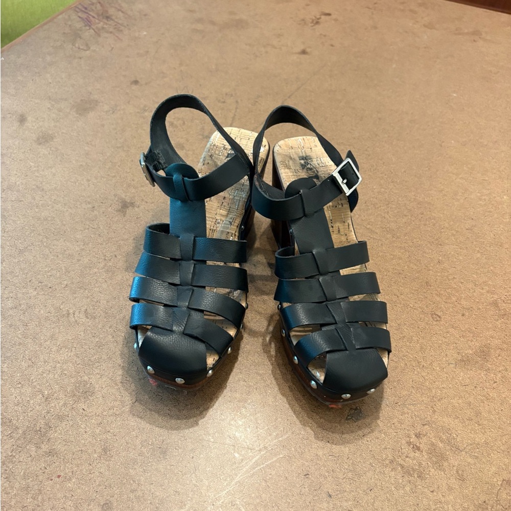 Kork-Ease Black Leather Sandals with Wooden Sole